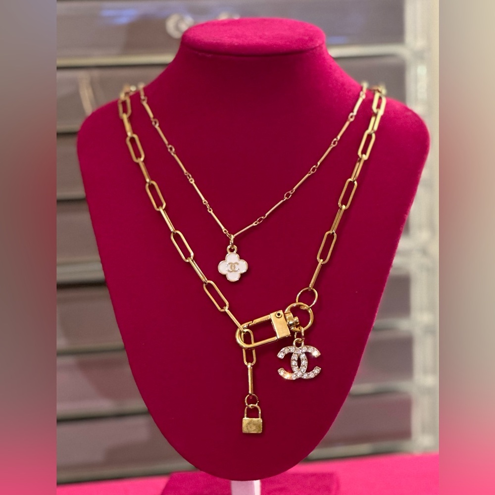 Up-cycled designer charm necklace stack